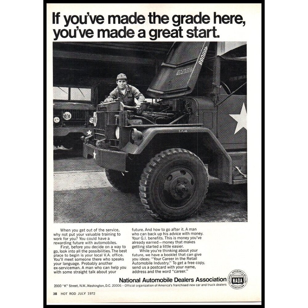 1972 NADA National Automobile Dealers Vintage Print Ad Military Truck Wall Art